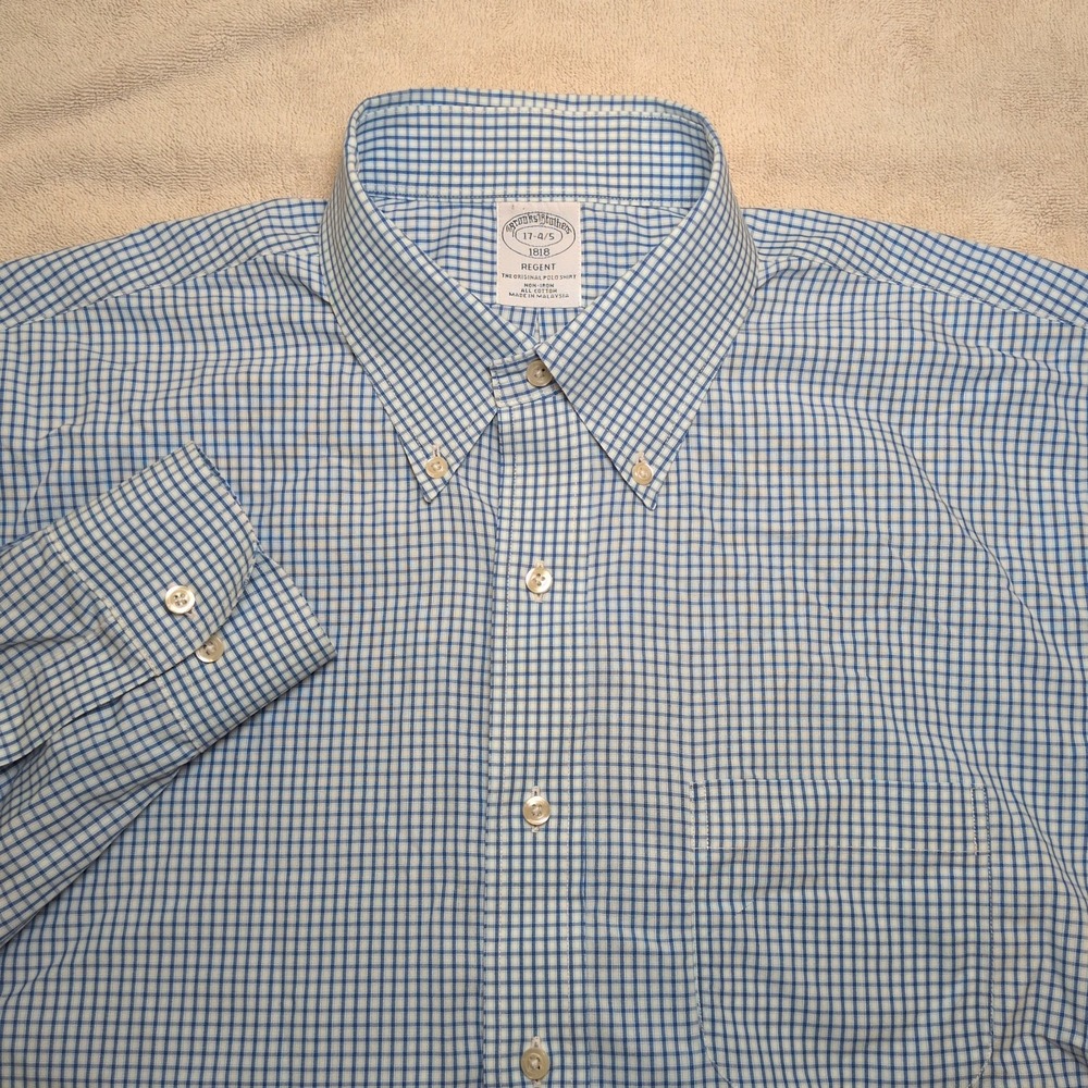 Brooks Brothers Regent Mens Shirt Sz 17-4/5 Blue Plaid Lg Sleeve Cotton Non-Iron